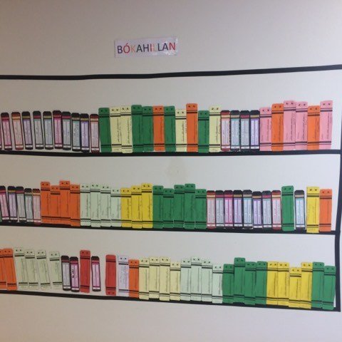 Bókahillan fína sem nemendur náðu að fylla